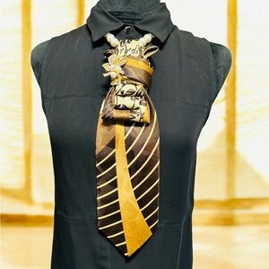 Stylish Gold and Brown Women's Necktie with Gold Flower Brooch